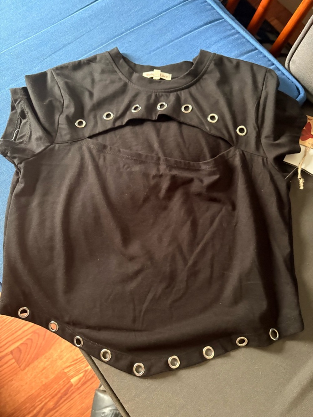 Black Eyelet-Trim Short Sleeve Blouse